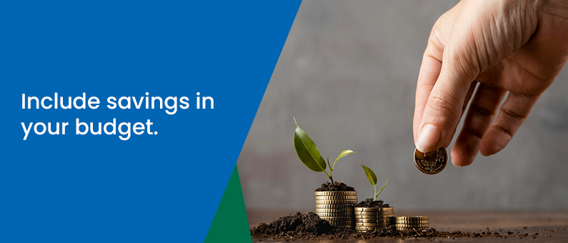 Include savings in your budget - Image of a person adding a coin to a pile of coins with dirt and seeds